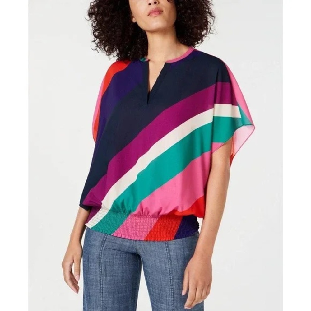 New Trina Turk Unforgettable Blouse Stripe Dolman Short Sleeve Size Medium